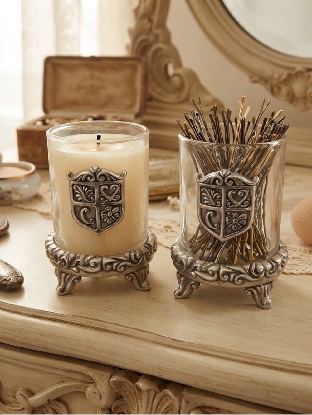 Brighton Silver Crest Votive Candle Holders Set Vanity Decor Retro Chic